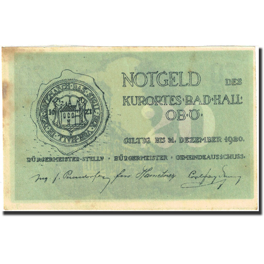 Banknote, Austria, Bad Hall, 20 Heller, Monument, 1920, 1920-12-31, AU(50-53)