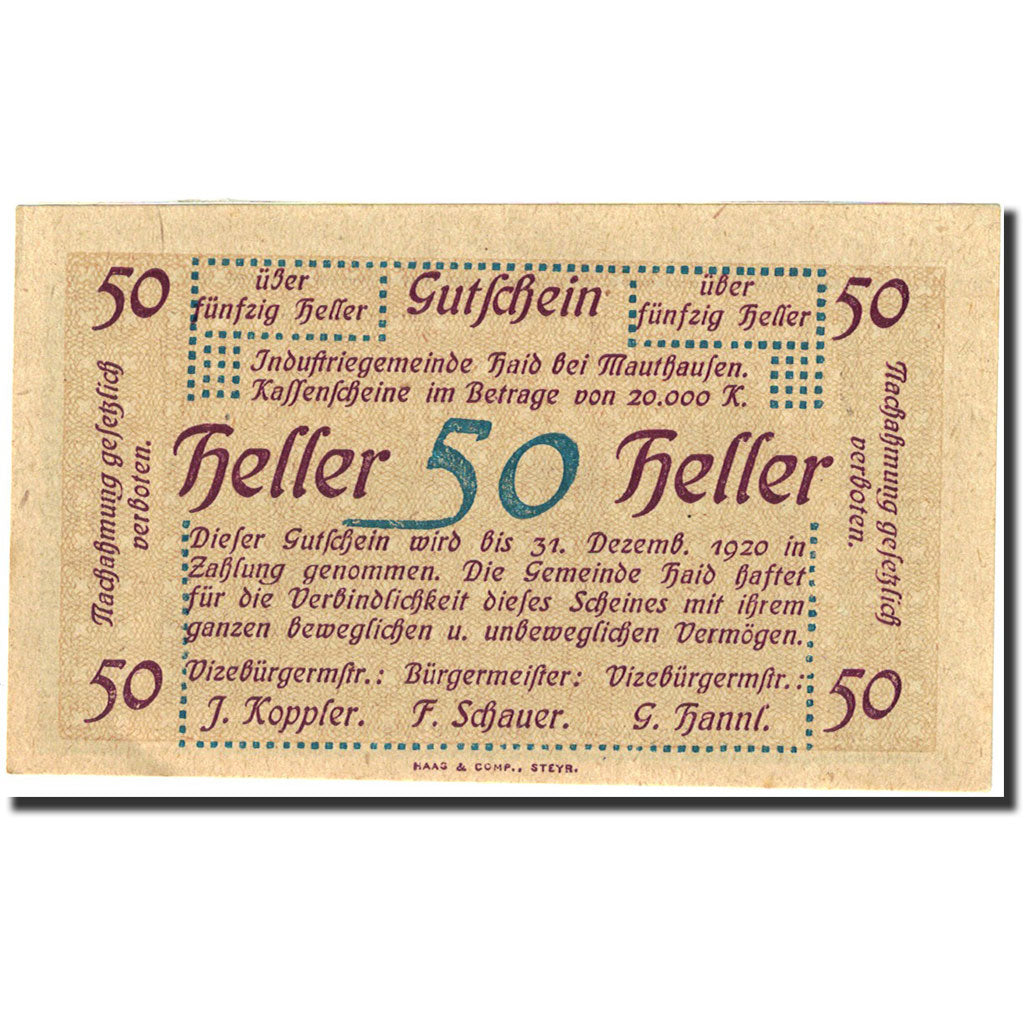 Banknote, Austria, Mauthausen, 50 Heller, cimetière, 1920, 1920-12-31, UNC(63)