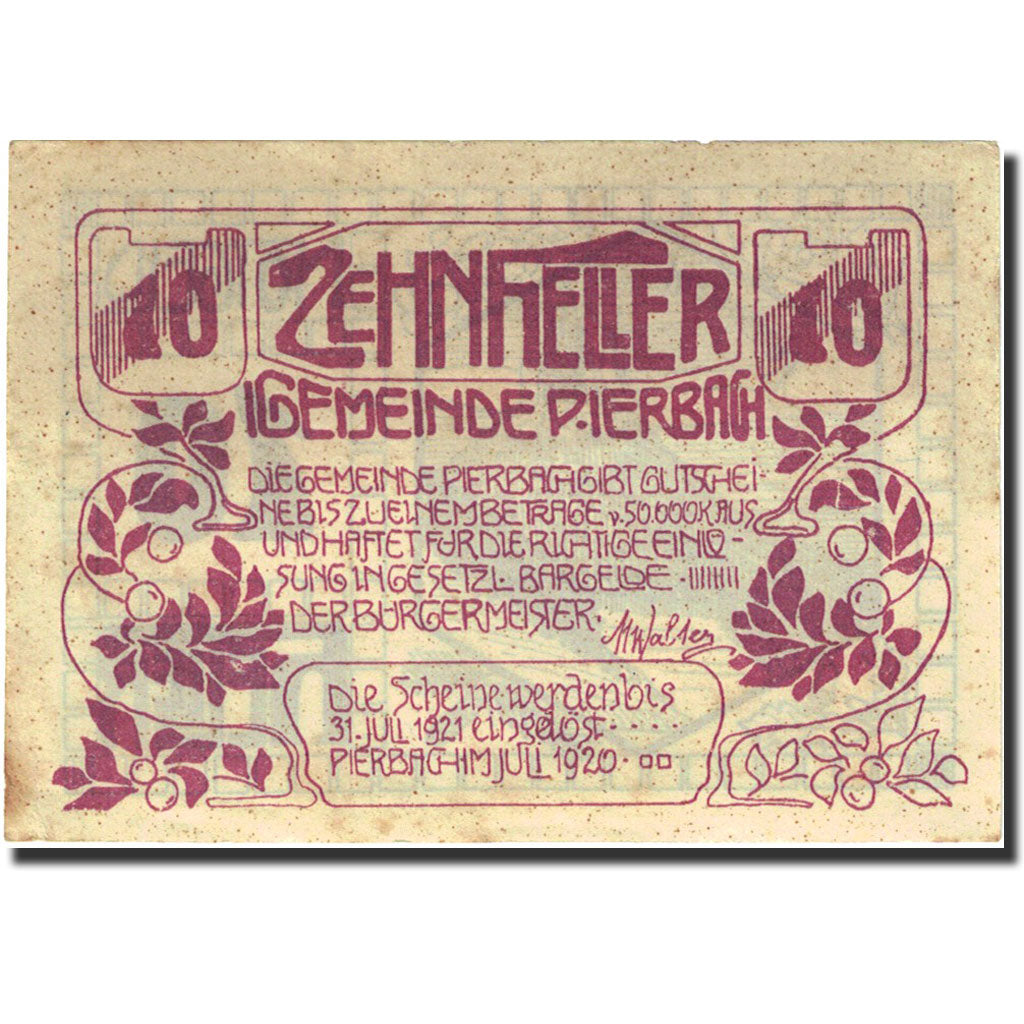 Banknote, Austria, Pierbach, 10 Heller, ruine, 1921, 1921-07-31, AU(55-58)