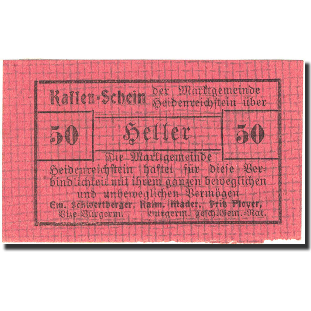 Banknote, Austria, Heidenreichstein, 50 Heller, valeur faciale, 1921