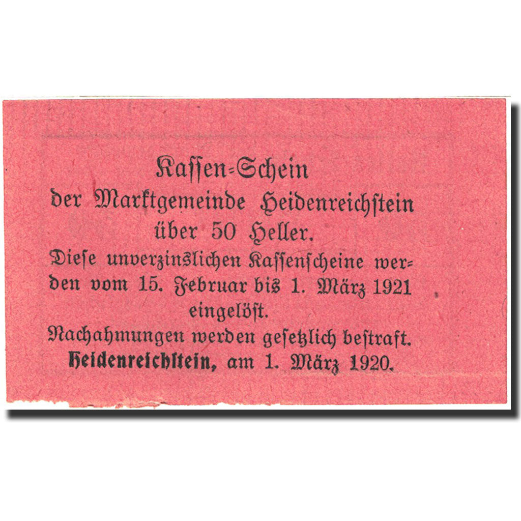 Banknote, Austria, Heidenreichstein, 50 Heller, valeur faciale, 1921