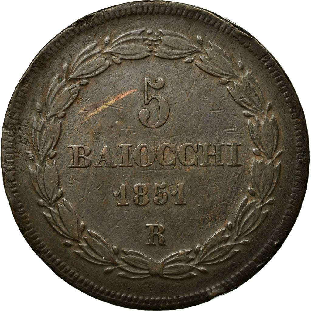 Moneda, Estados italianos, PAPAL STATES, Pius IX, 5 Baiocchi, 1851, Roma, MBC