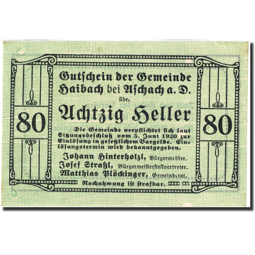 Banknote, Austria, Altach, 80 Heller, valeur faciale, 1920, 1920-06-05