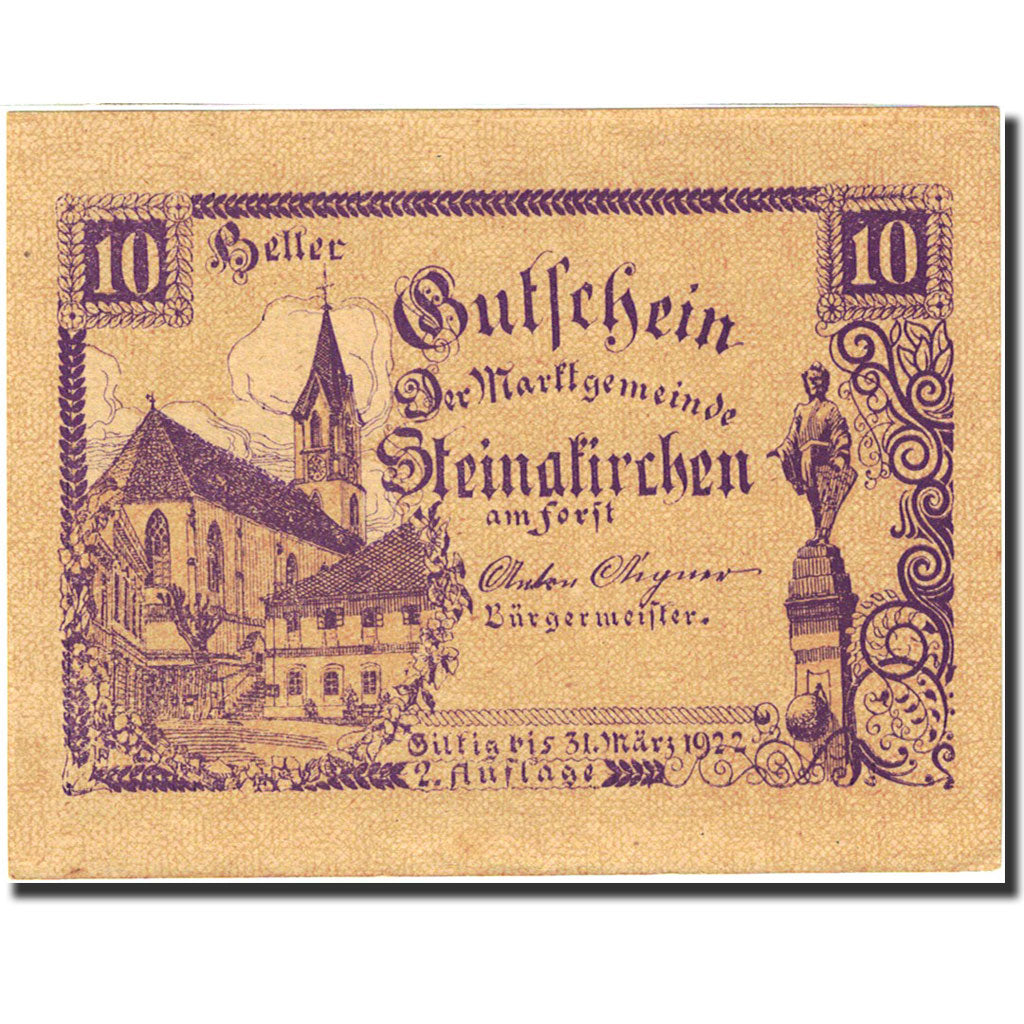 Banknot, Austria, Steinakirchen am Forst, 10 Heller, Monument, 1922, 1922-03-31