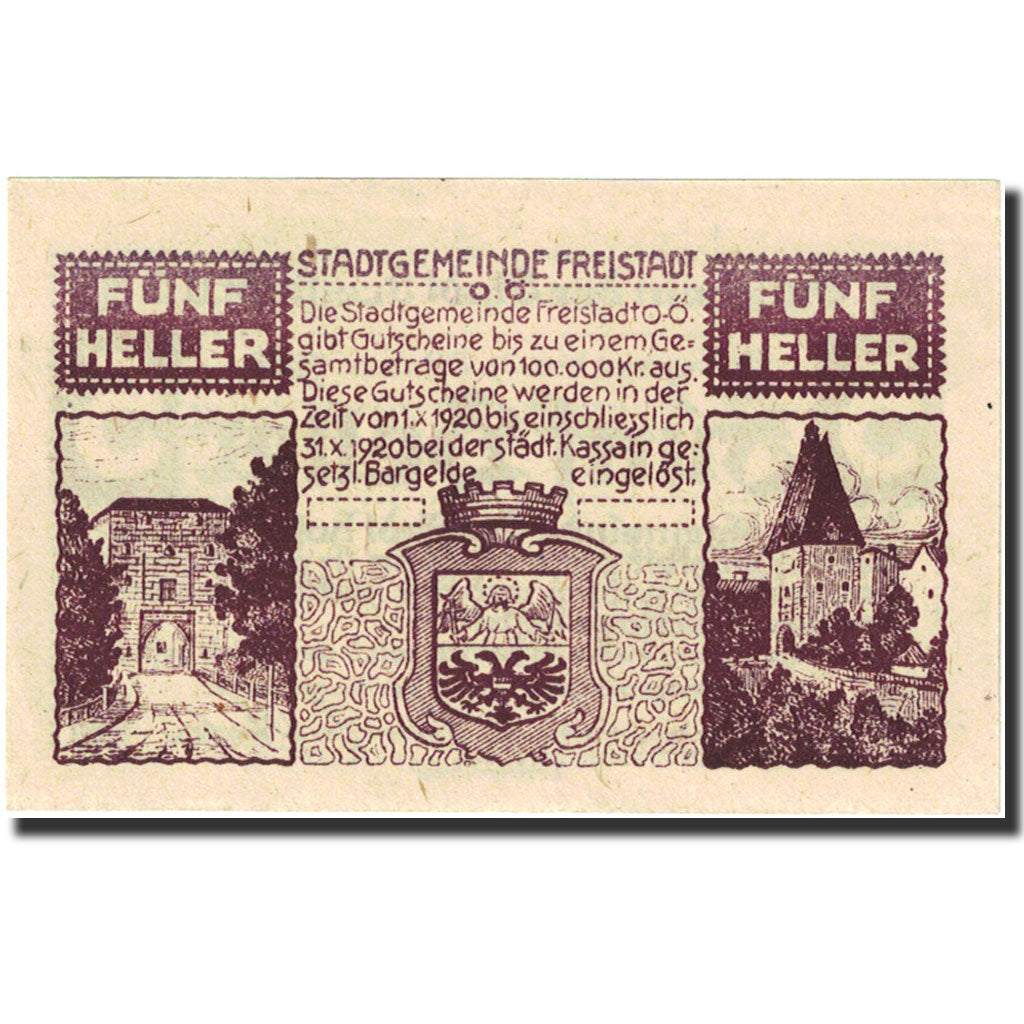 Banknote, Austria, Freistadt, 5 Heller, Blason, 1920, 1920-12-31, UNC(65-70)