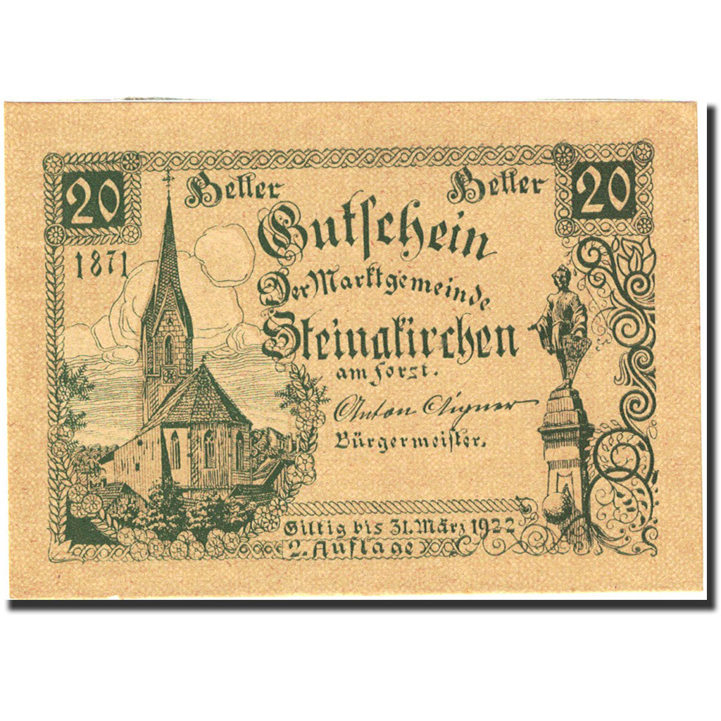 Banknote, Austria, Steinakirchen am Forst 20 Heller Eglise 1922-03-31 AU (55-58)