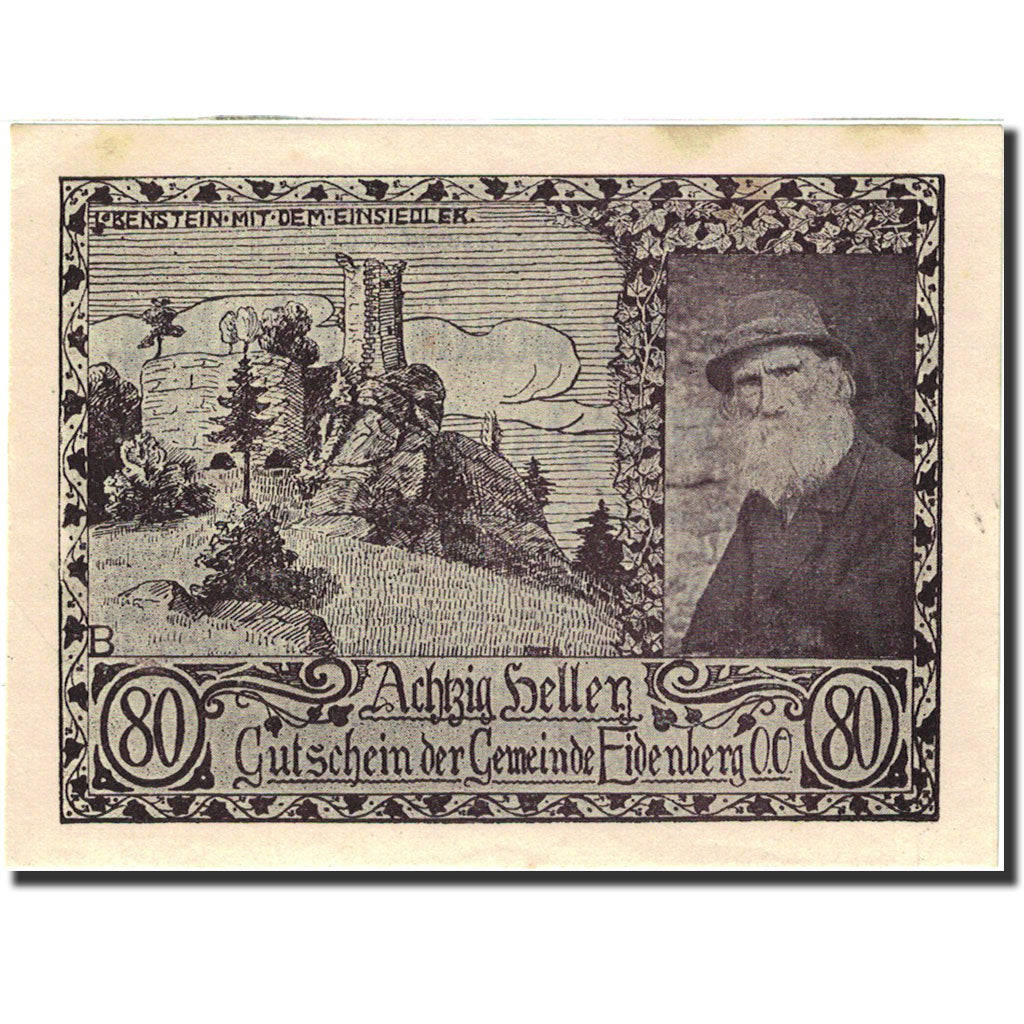 Banknote, Austria, Eidenberg, 80 Heller, château, 1921, 1921-01-30, AU(55-58)