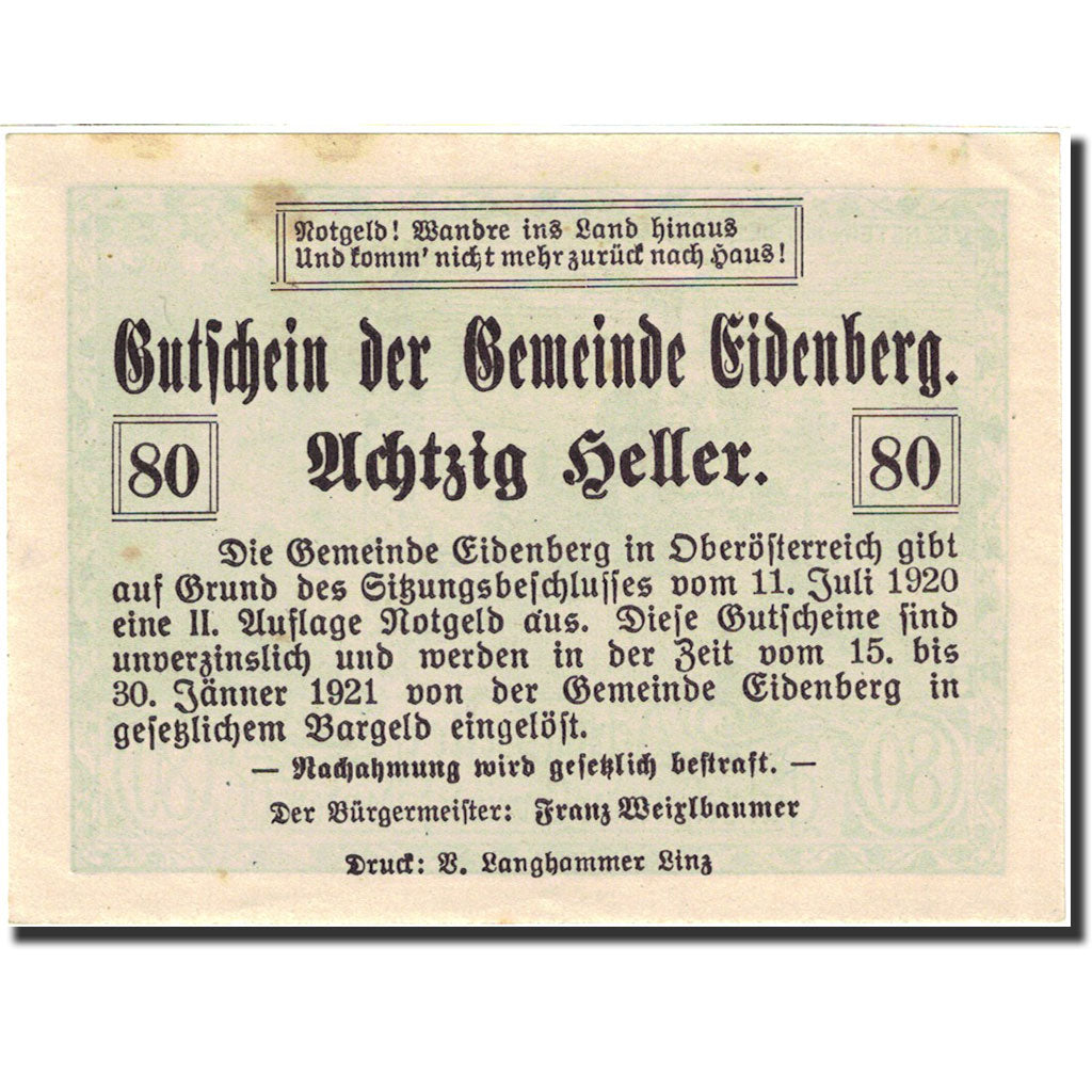 Banknote, Austria, Eidenberg, 80 Heller, château, 1921, 1921-01-30, AU(55-58)