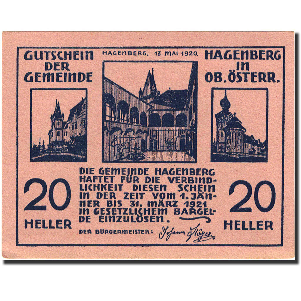 Banknot, Austria, Hagenberg im Mühlkreis, 20 Heller, château, 1921