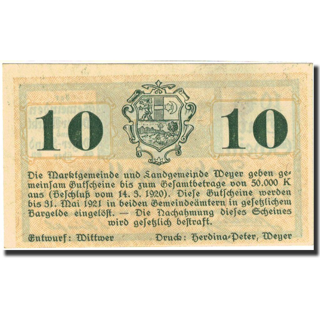 Banknote, Austria, Weyer Markt, 10 Heller, pont, 1921, 1921-05-31, UNC(63)