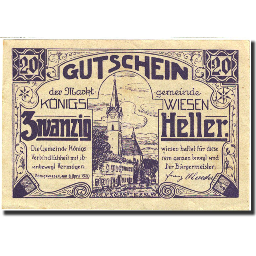 Banknote, Austria, Wiesen, 20 Heller, Eglise, 1921, 1921-05-31, EF(40-45)