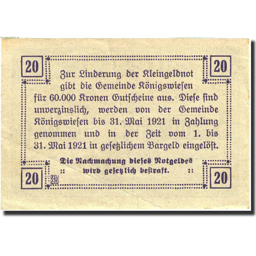 Banknote, Austria, Wiesen, 20 Heller, Eglise, 1921, 1921-05-31, EF(40-45)