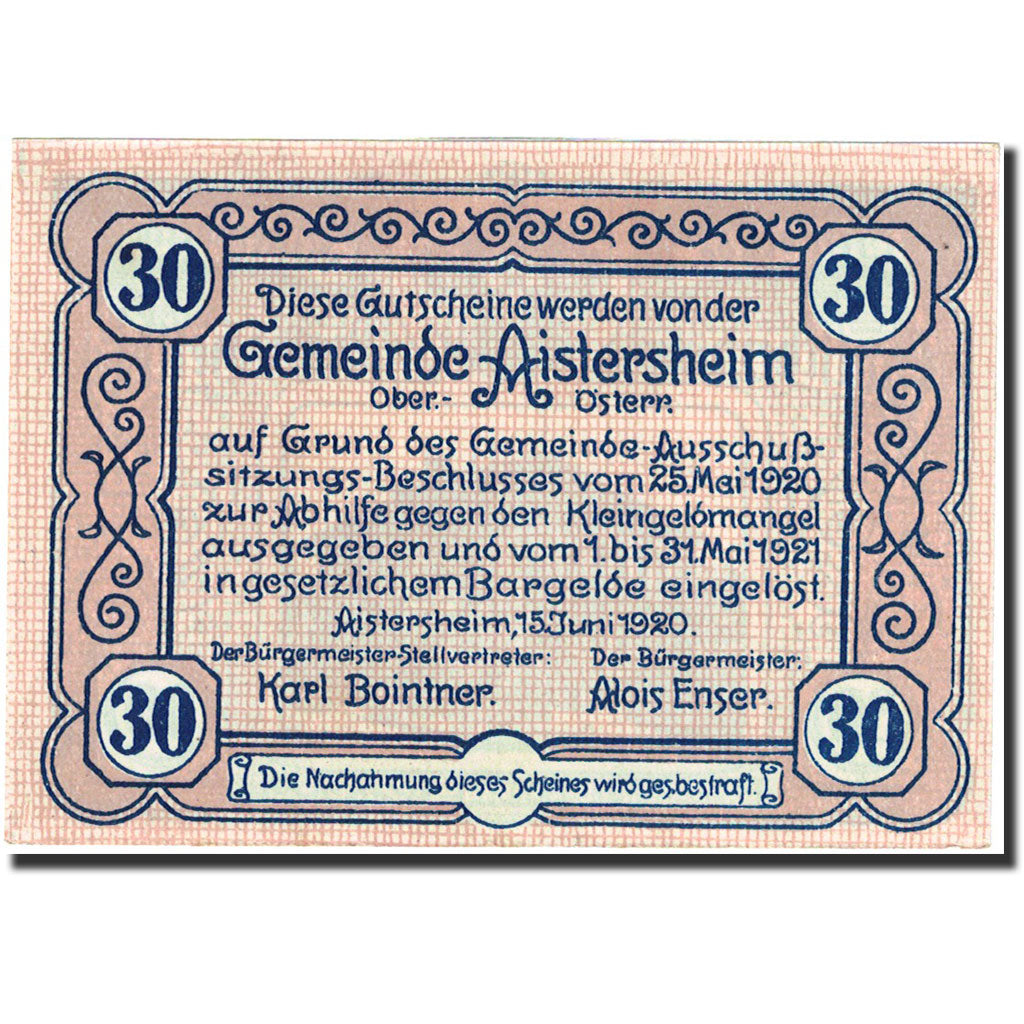Banknote, Austria, Aistersheim, 30 Heller école, 1921, 1921-05-31, pink, UNC(63)