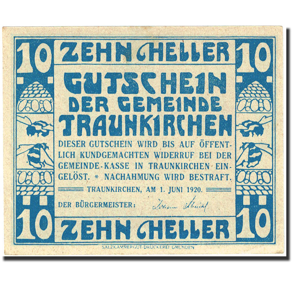 Banknote, Austria, Traunkirchen, 10 Heller, bateau, 1920, 1920-06-01, UNC(60-62)