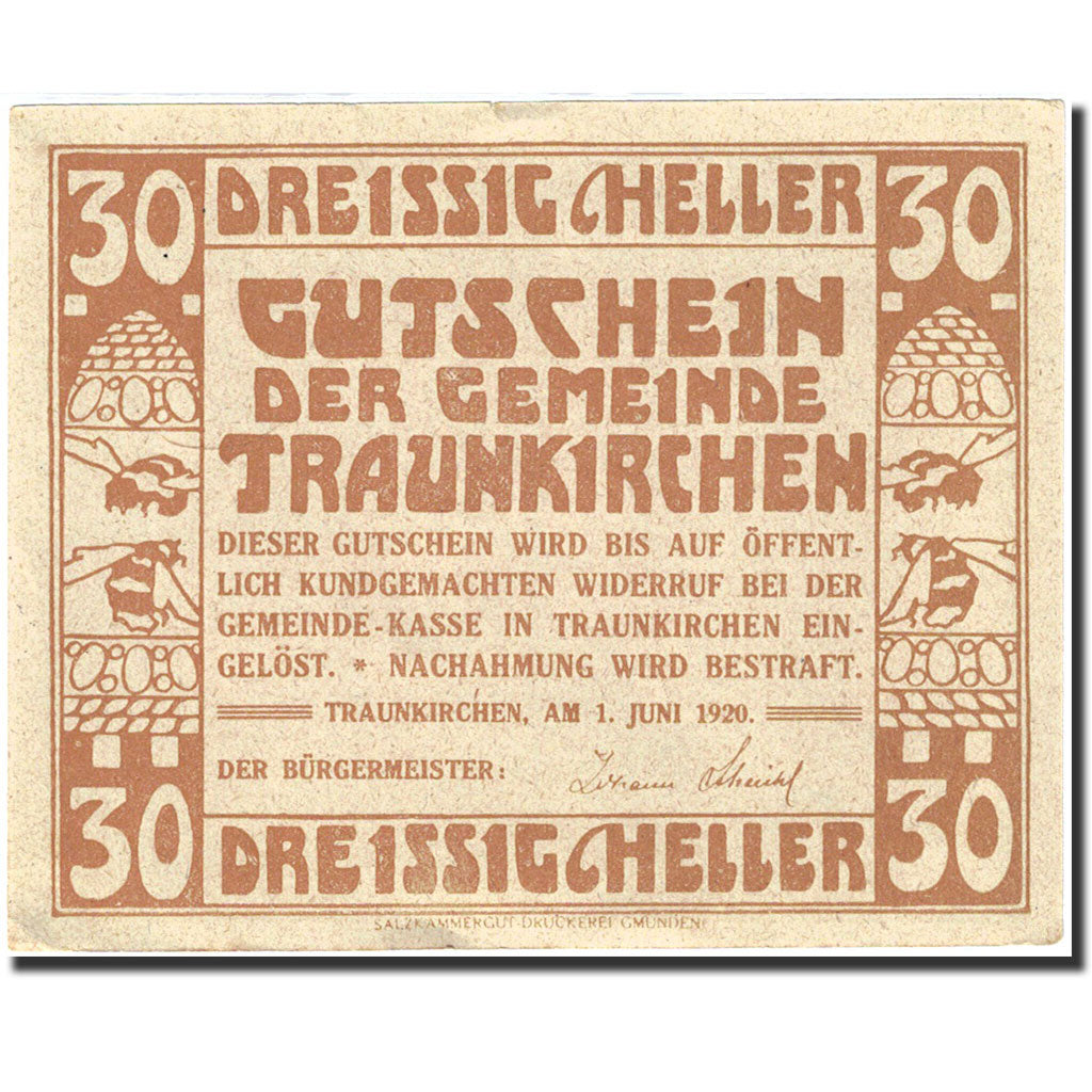 Banknote, Austria, Traunkirchen, 30 Heller, bateau, 1920, 1920-06-01, AU(55-58)