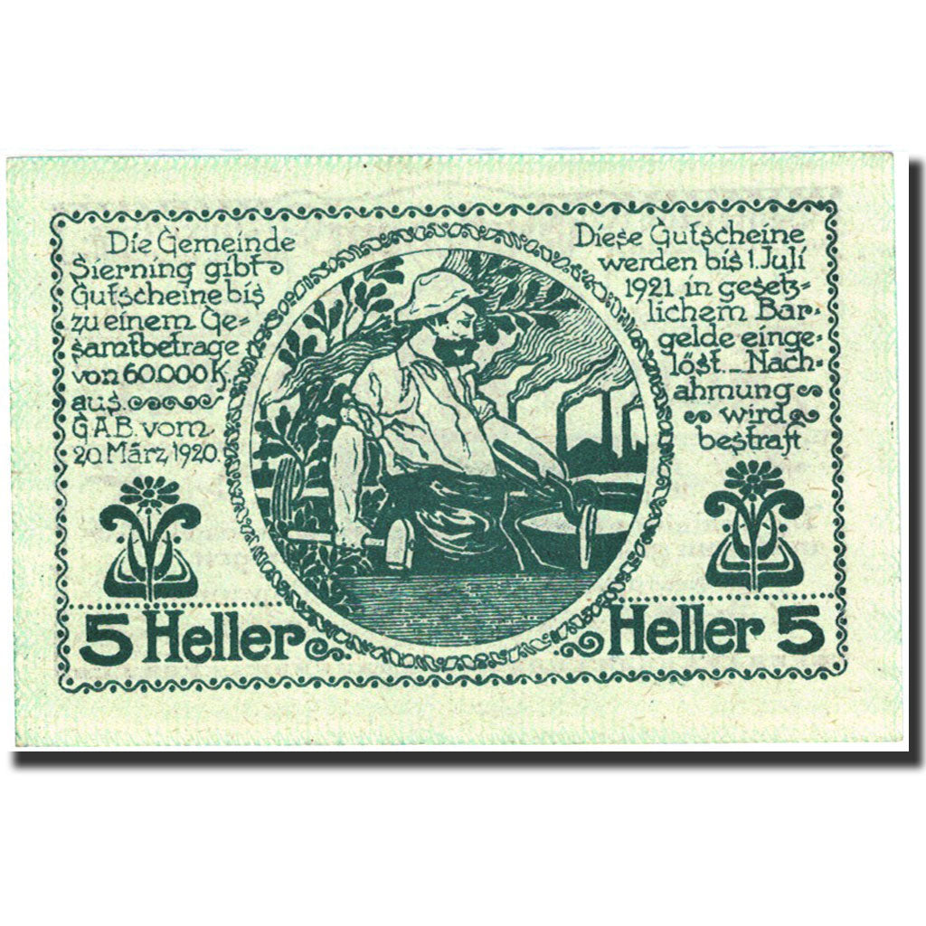 Banknote, Austria, Sierning, 5 Heller, personnage, 1921, 1921-07-01, UNC(63)