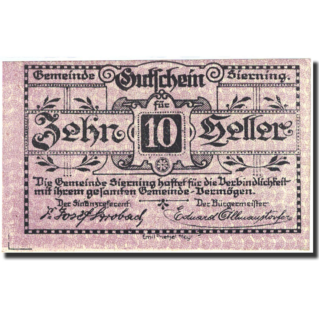 Banknote, Austria, Sierning, 10 Heller, personnage, 1921, 1921-07-01, UNC(63)