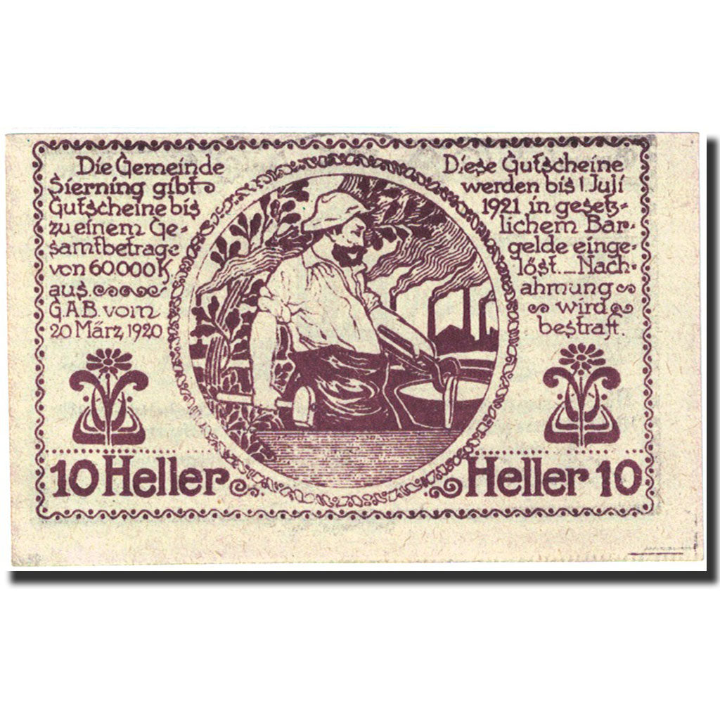 Banknote, Austria, Sierning, 10 Heller, personnage, 1921, 1921-07-01, UNC(63)