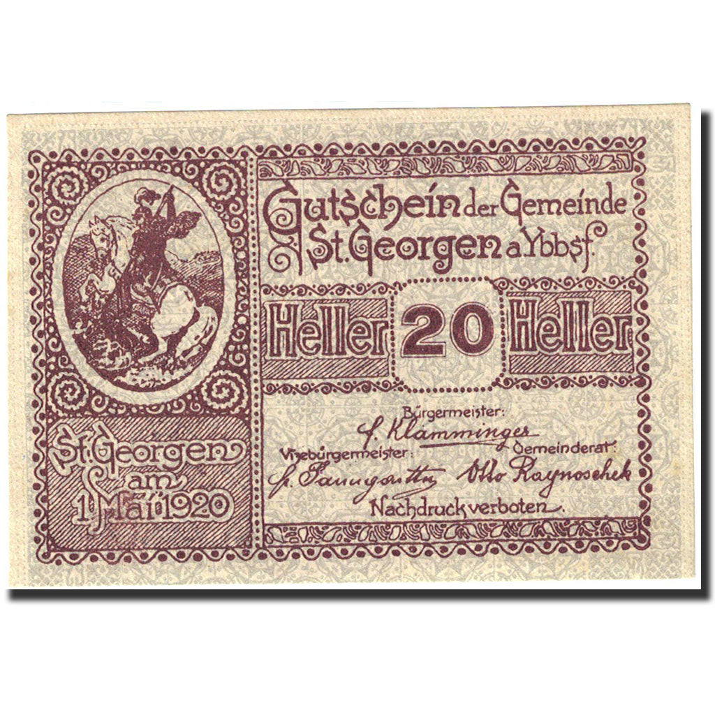 Banknote, Austria, Sankt Georgen am Ybbsf. 20 Heller, chevalier, 1920, UNC (63)
