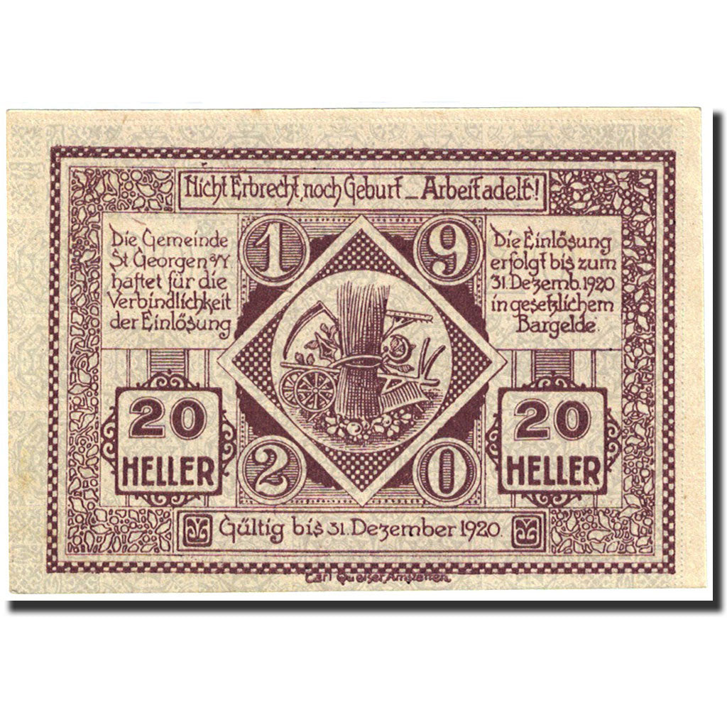 Banknote, Austria, Sankt Georgen am Ybbsf. 20 Heller, chevalier, 1920, UNC (63)