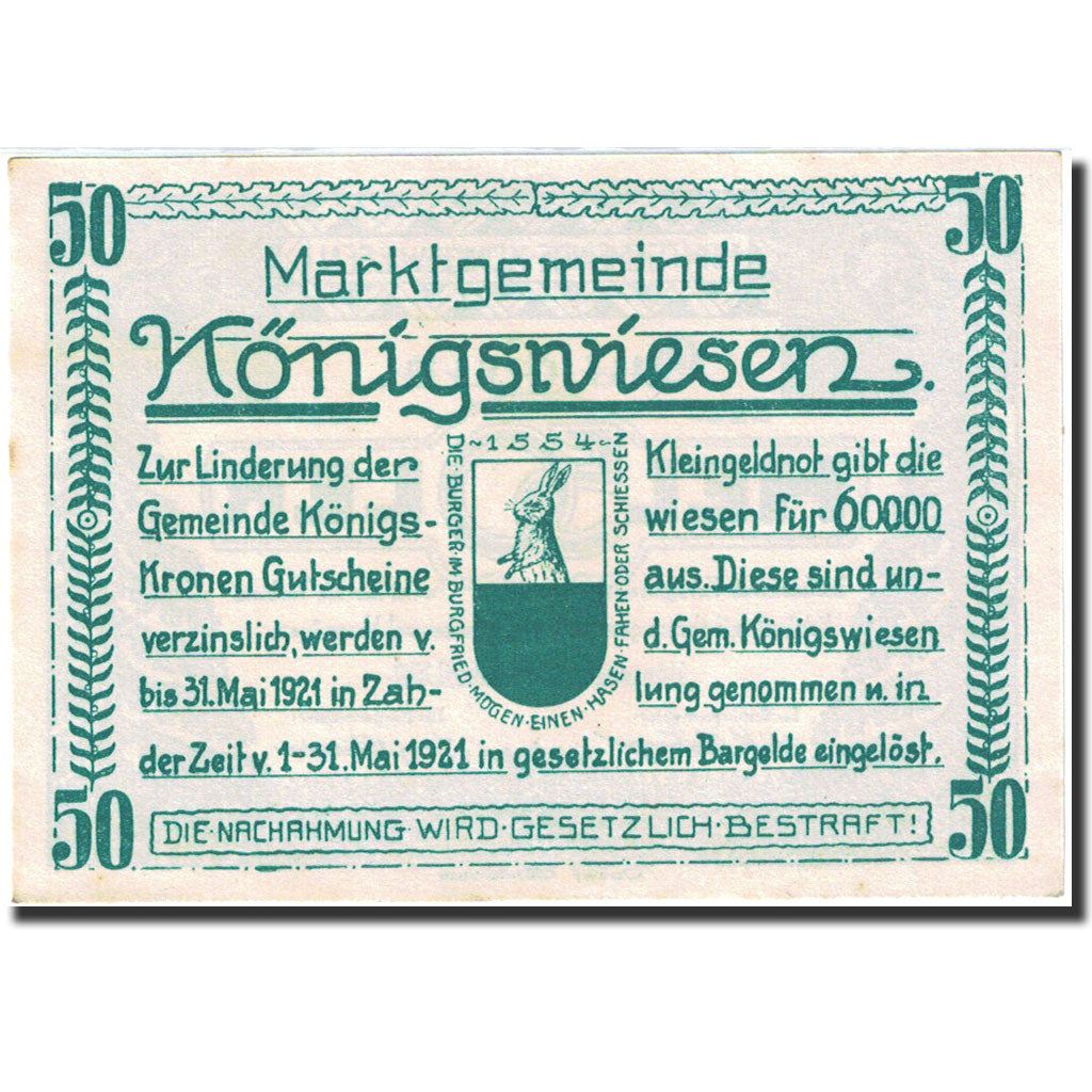 Banknote, Austria, Konigswiesen, 50 Heller, Forêt, 1921, 1921-05-31, UNC(63)