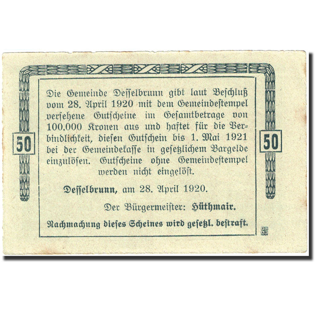 Banknote, Austria, Desselbrunn, 50 Heller, Forêt, 1921, 1921-05-01, AU(55-58)
