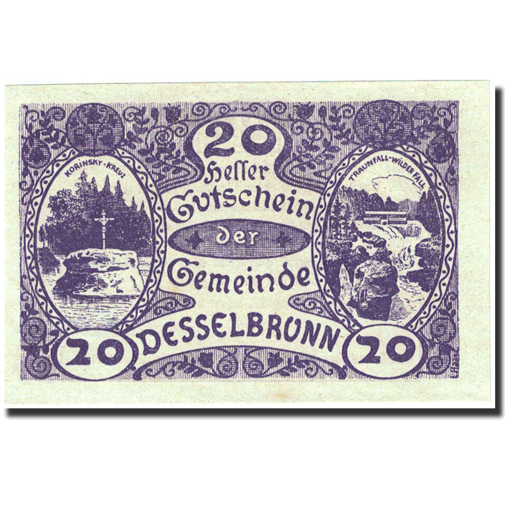 Banknote, Austria, Desselbrunn, 20 Heller, Monument, 1921, 1921-05-01, UNC(63)