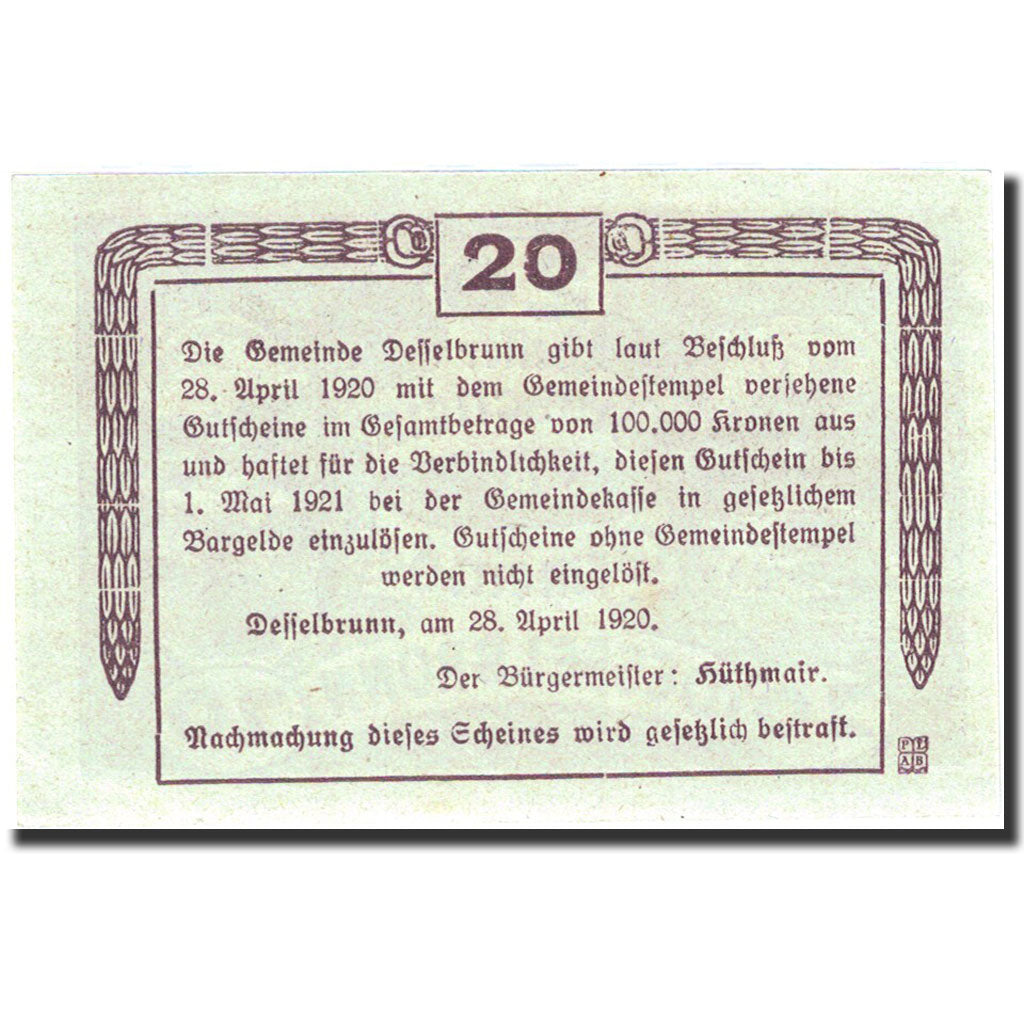 Banknote, Austria, Desselbrunn, 20 Heller, Monument, 1921, 1921-05-01, UNC(63)