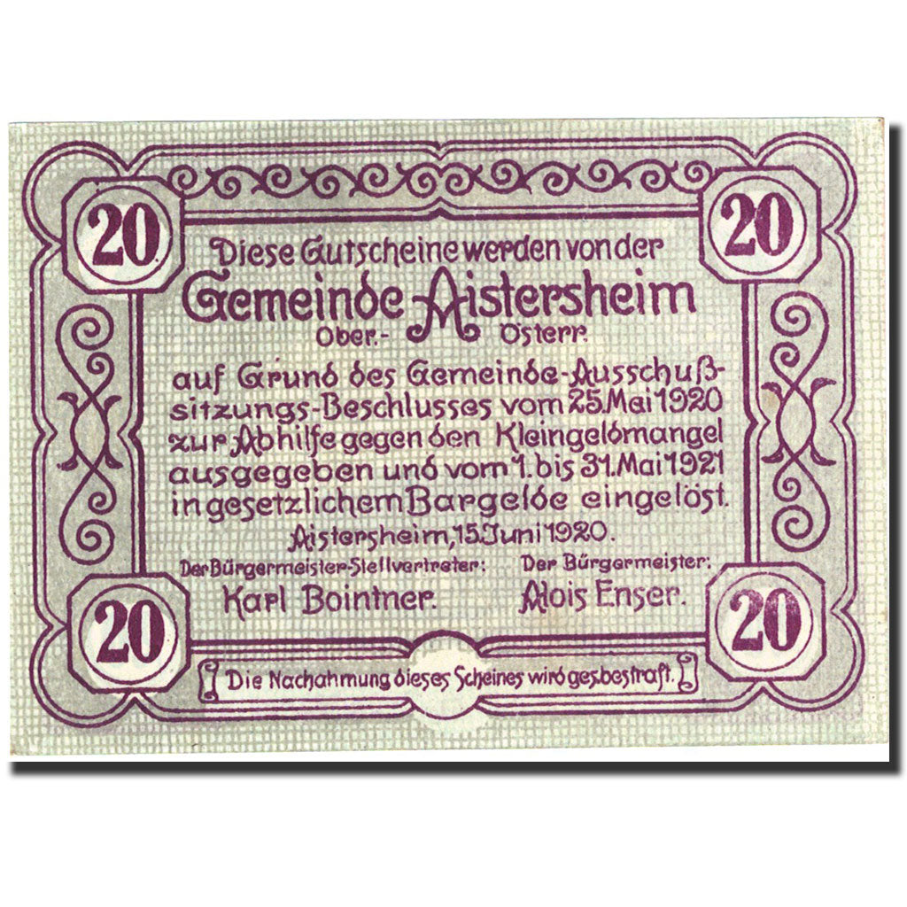 Banknote, Austria, Aistersheim, 20 Heller, château, 1921-05-31 UNC (65-70)