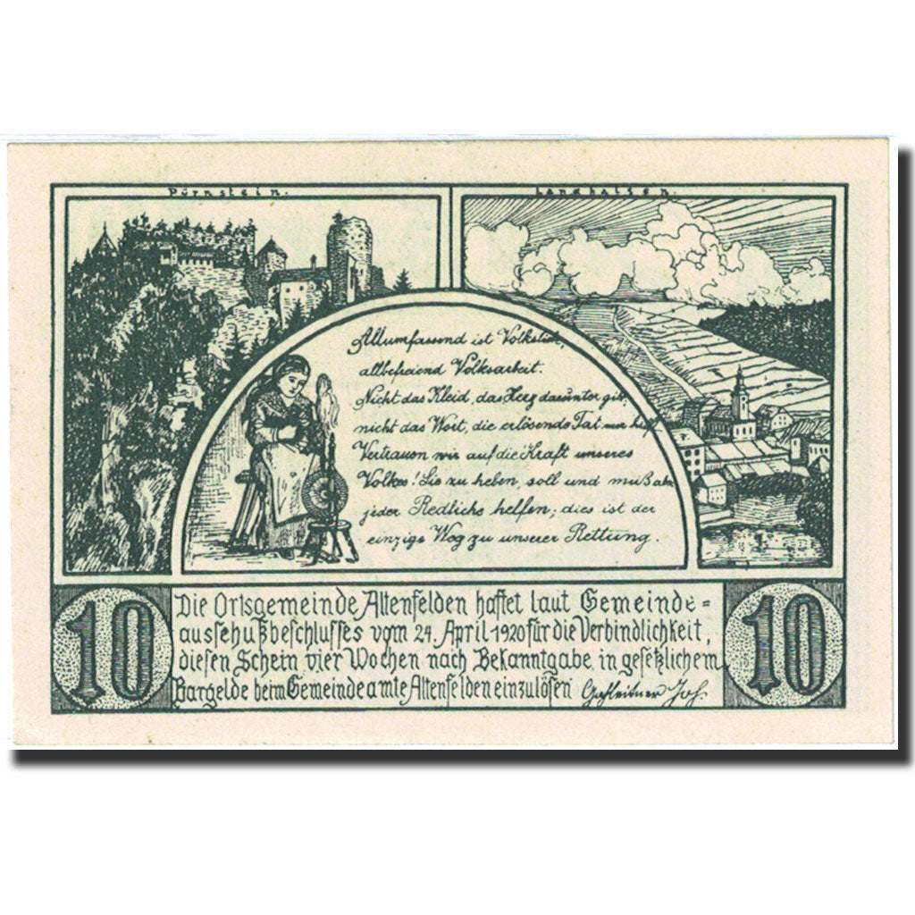 Banknote Austria Altenfelden 10 Heller Agriculture et Industrie 1920 UNC (65-70)
