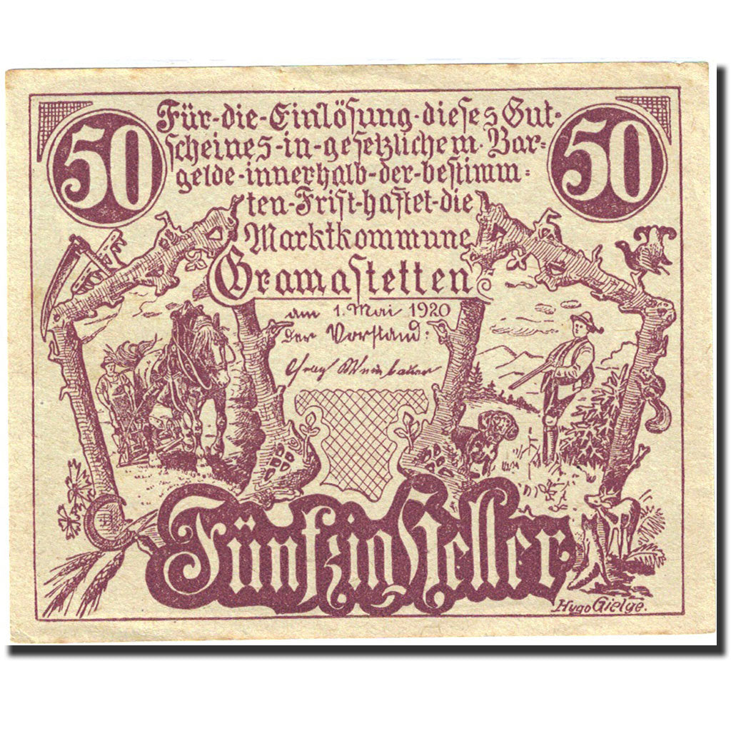 Banknote, Austria, Gramastetten, 50 Heller, chasseur, 1920, 1920-05-01, UNC(63)