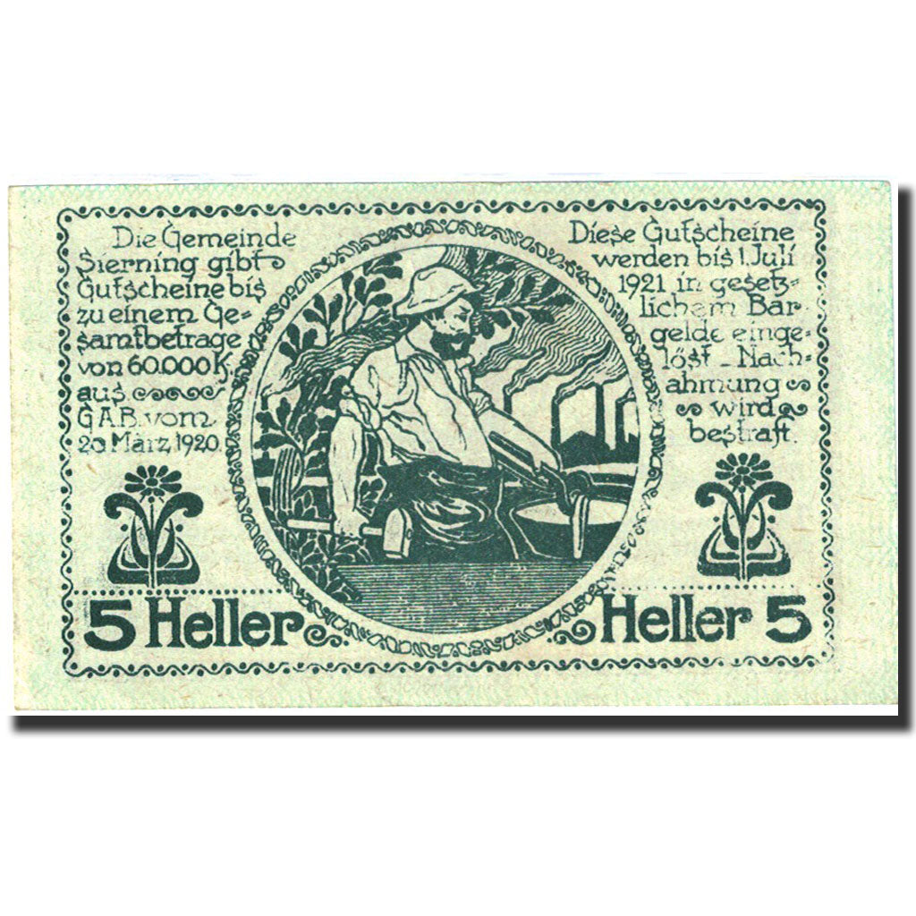 Banknote, Austria, Sierning, 5 Heller, artisan, 1921, 1921-07-01, UNC(63)