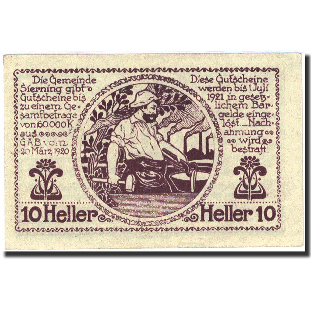 Banknote, Austria, Sierning, 10 Heller, artisan, 1921, 1921-07-01, UNC(63)
