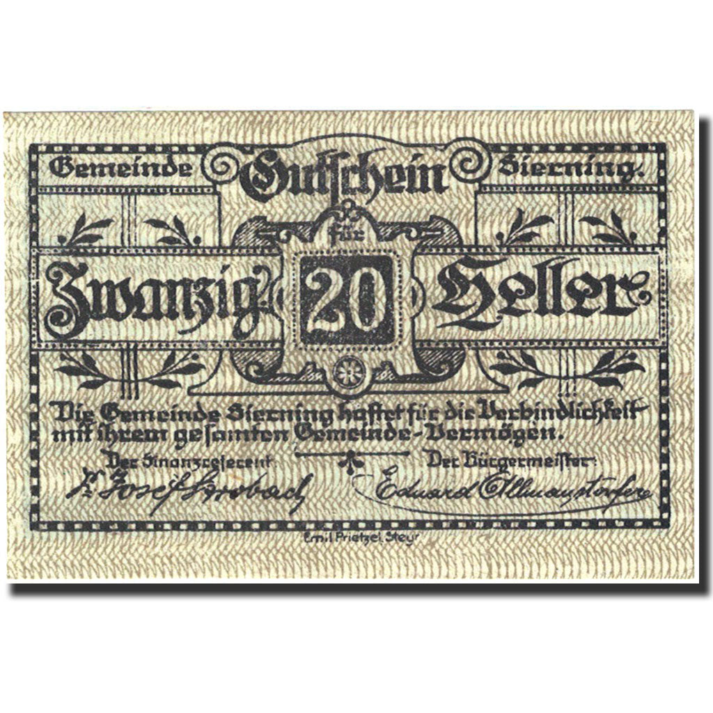 Banknote, Austria, Sierning, 20 Heller, agriculteur, 1921, 1921-07-01, UNC(63)