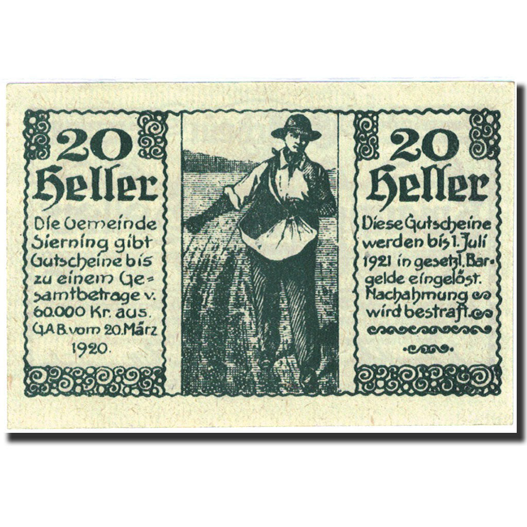 Banknote, Austria, Sierning, 20 Heller, agriculteur, 1921, 1921-07-01, UNC(63)