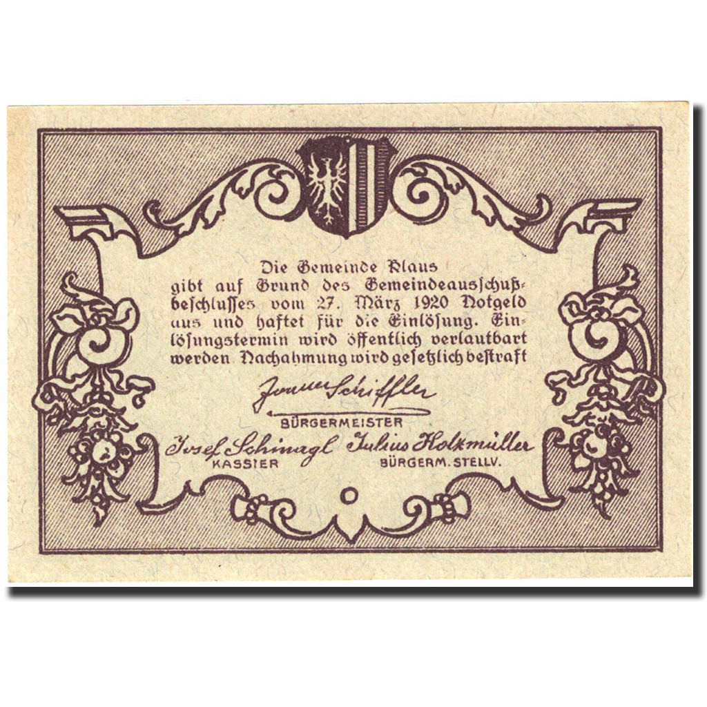Banknote, Austria, Klaus, 50 Heller, village, 1920, 1920-03-27, UNC(63)