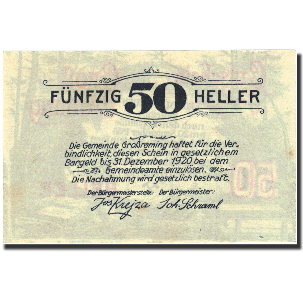 Banknote, Austria, Grossraming, 50 Heller, Foret, 1920, 1920-12-31, UNC(63)