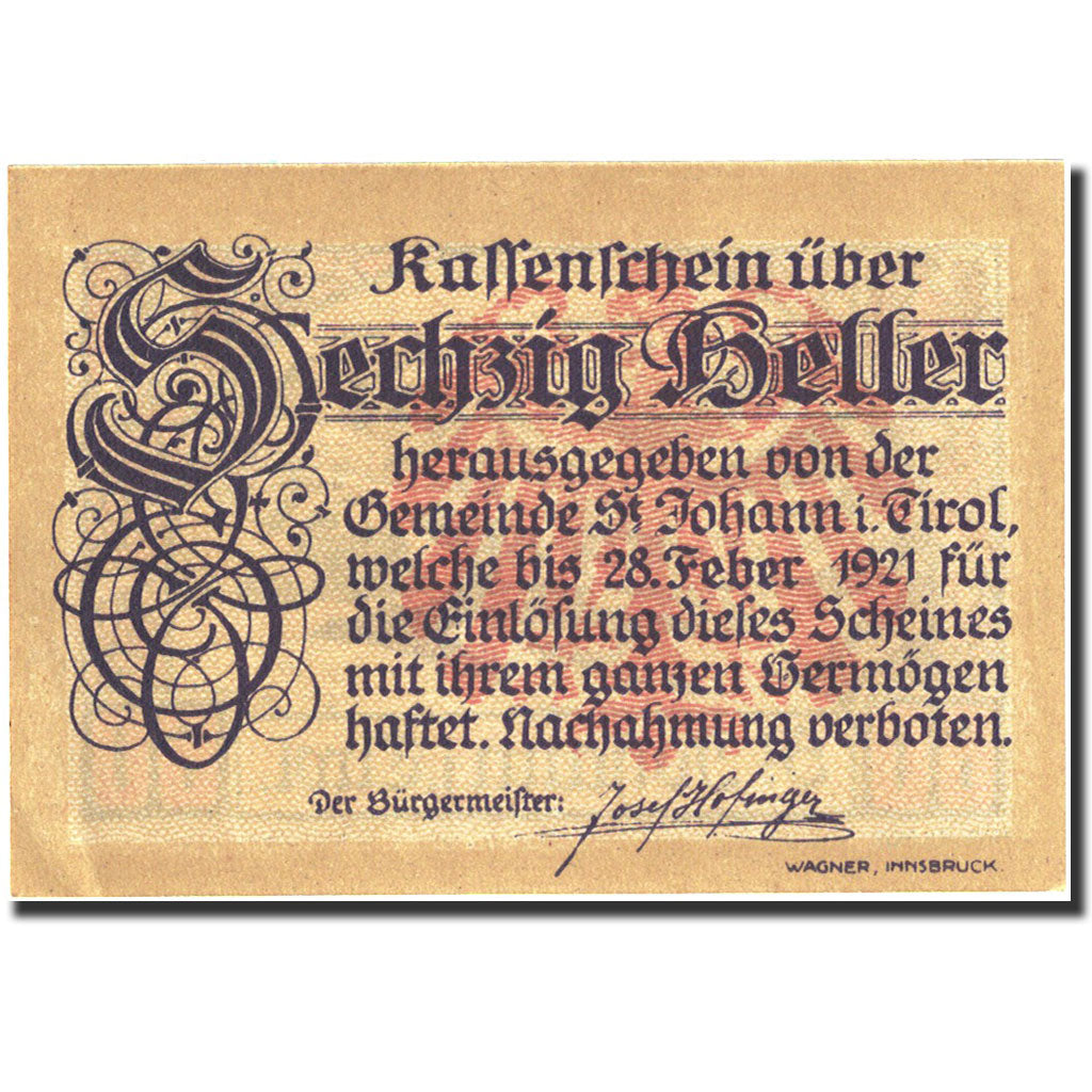 Banknote, Austria, Sankt Johann in Tirol, 60 Heller montagne 1921-02-28 UNC (63)