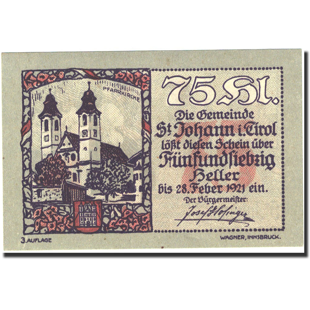 Banknote, Austria, Sankt Johann in Tirol, 75 Heller, château 1921-02-28 UNC (63)