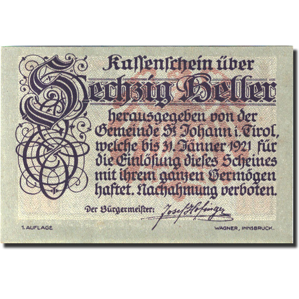 Banknote, Austria, Sankt Johann in Tirol 60 Heller Eglise 1921-01-31 UNC (65-70)