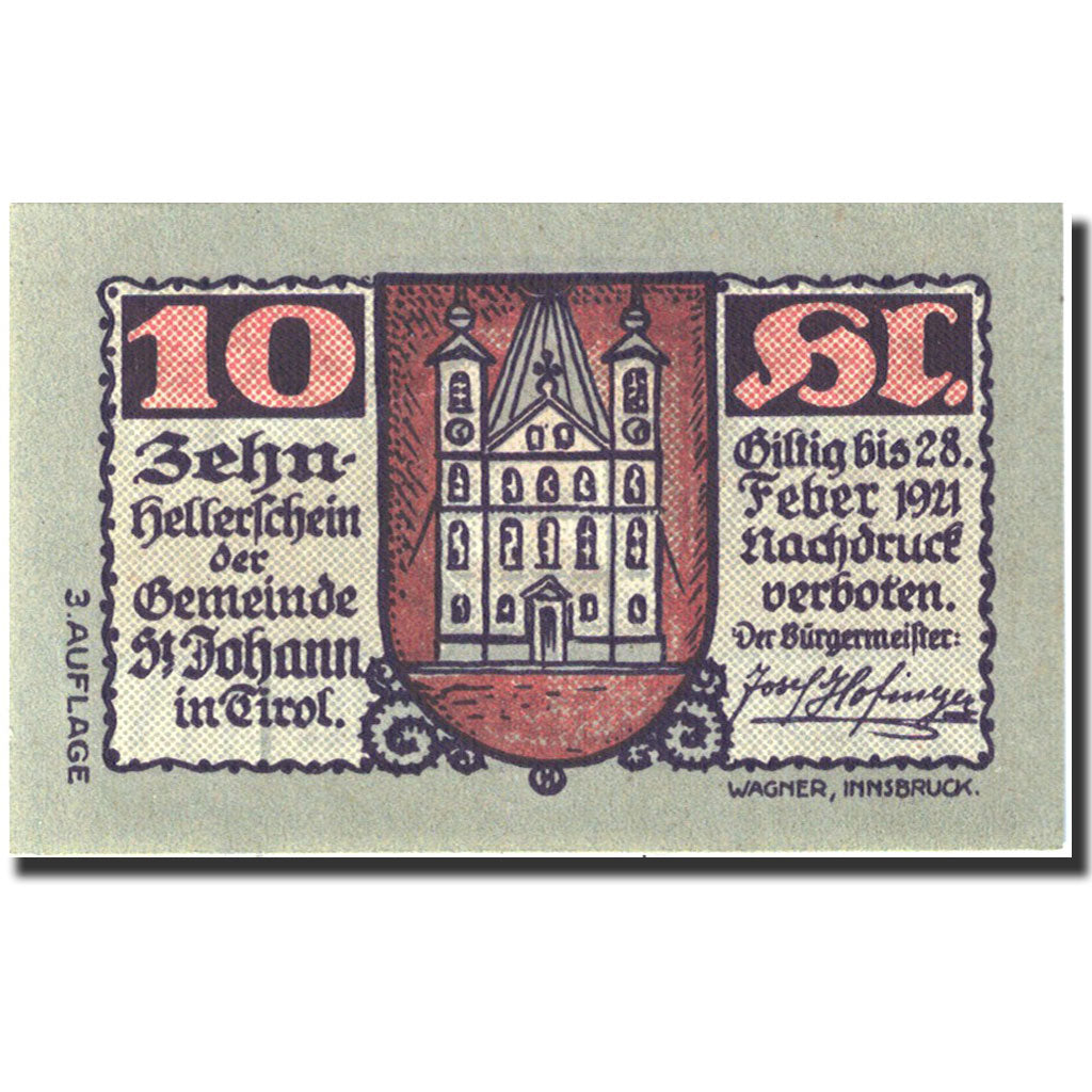 Banknote, Austria, Sankt Johann in Tirol, 10 Heller, Blason, 1921 green UNC (63)