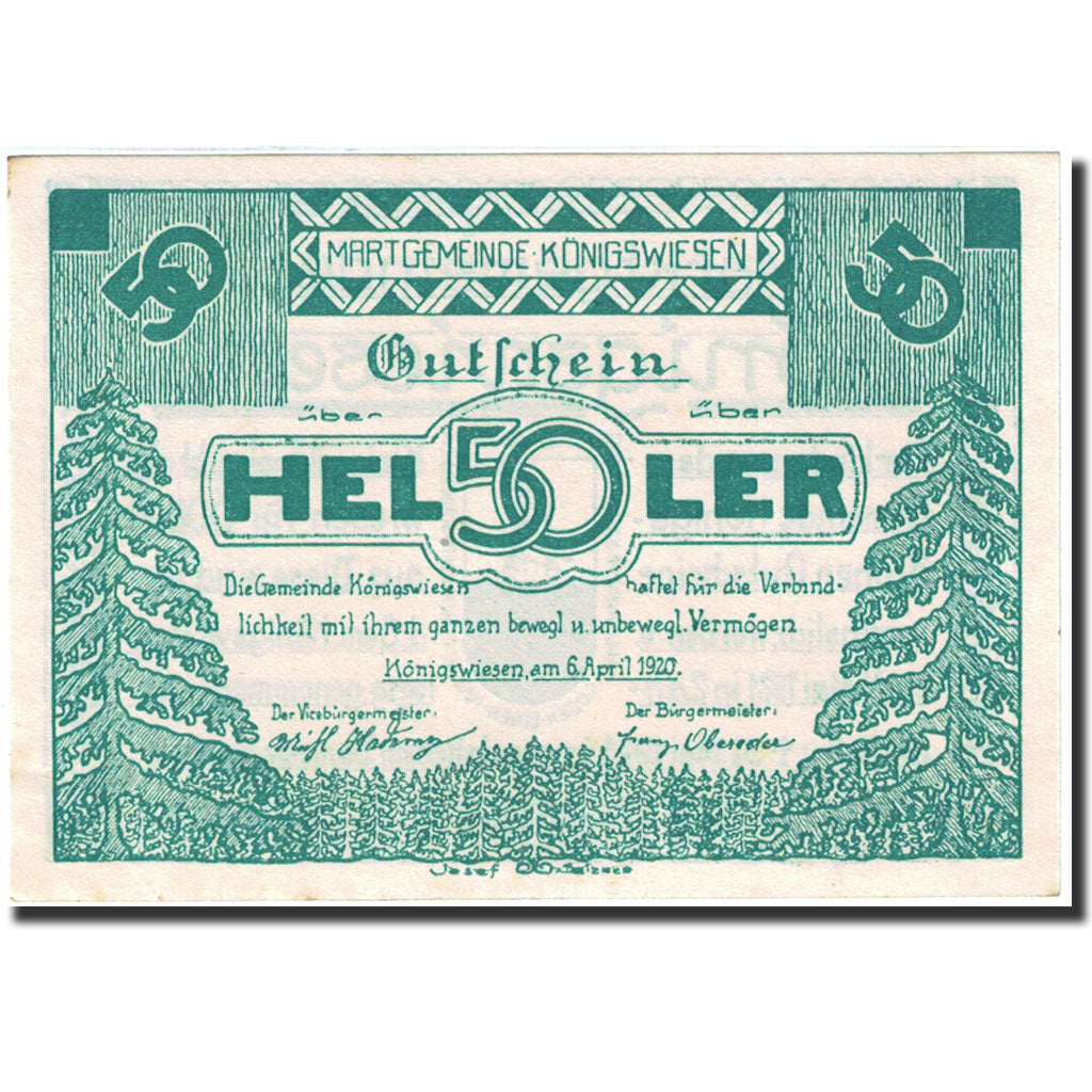Banknote, Austria, Konigswiesen, 50 Heller, sapin, 1921, 1921-05-31, UNC(63)