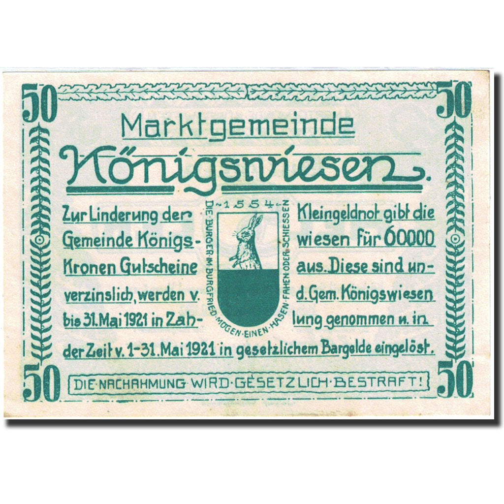Banknote, Austria, Konigswiesen, 50 Heller, sapin, 1921, 1921-05-31, UNC(63)