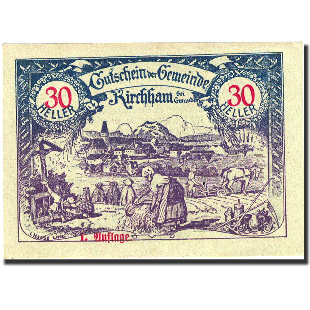 Banconote, Austria, Kirchham, 30 Heller, agriculteur 1920 1920-05-09, purple SPL