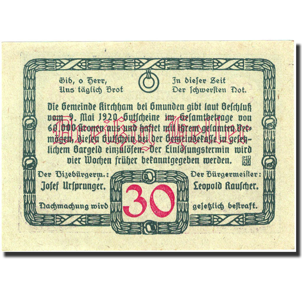 Banconote, Austria, Kirchham, 30 Heller, agriculteur 1920 1920-05-09, purple SPL