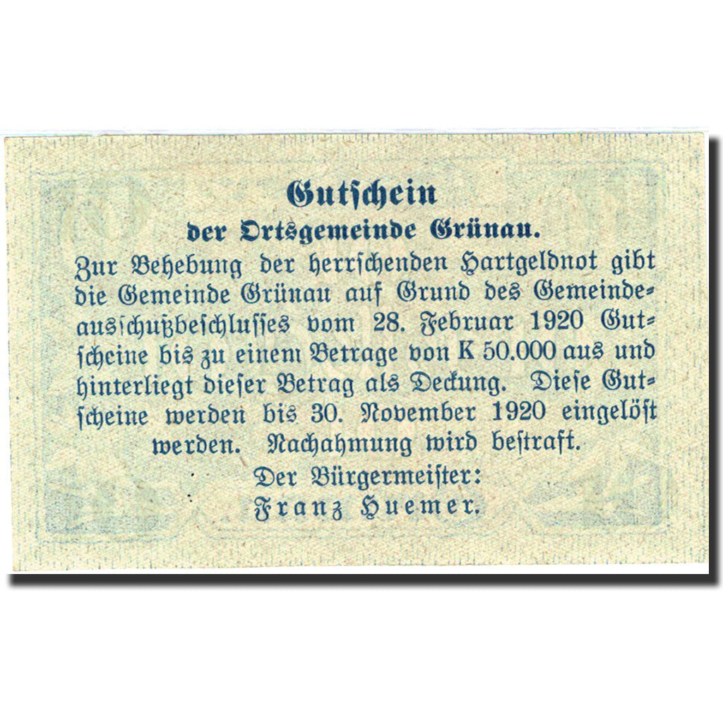 Banknote, Austria, Grünau, 10 Heller, montagne, 1920, 1920-11-30, UNC(64)