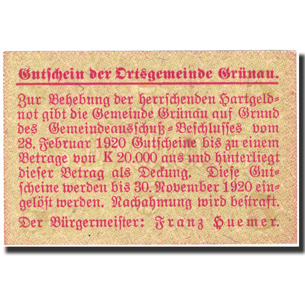 Banknote, Austria, Grünau, 5 Heller, montagne, 1920, 1920-11-30, UNC(63)