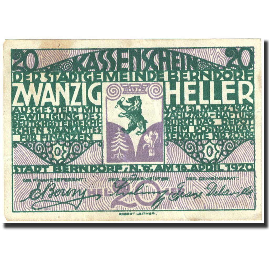 Banknote, Austria, Berndorf, 20 Heller, Blason, 1920, 1920-12-31, EF(40-45)