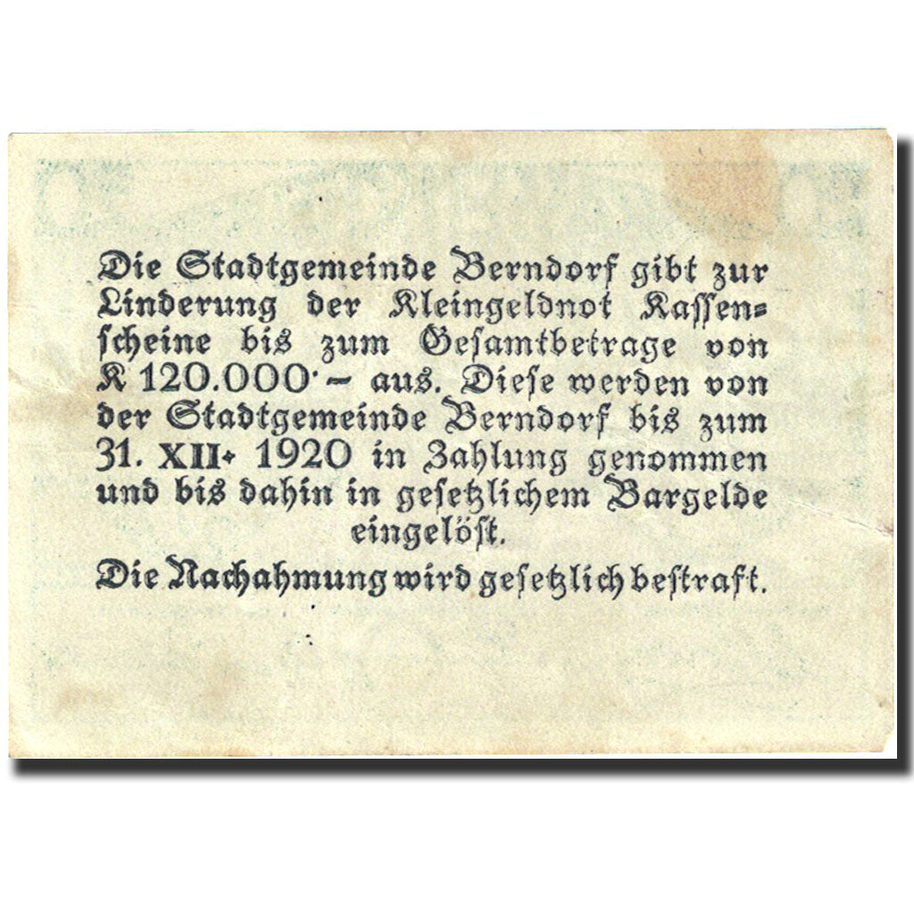 Banknote, Austria, Berndorf, 20 Heller, Blason, 1920, 1920-12-31, EF(40-45)