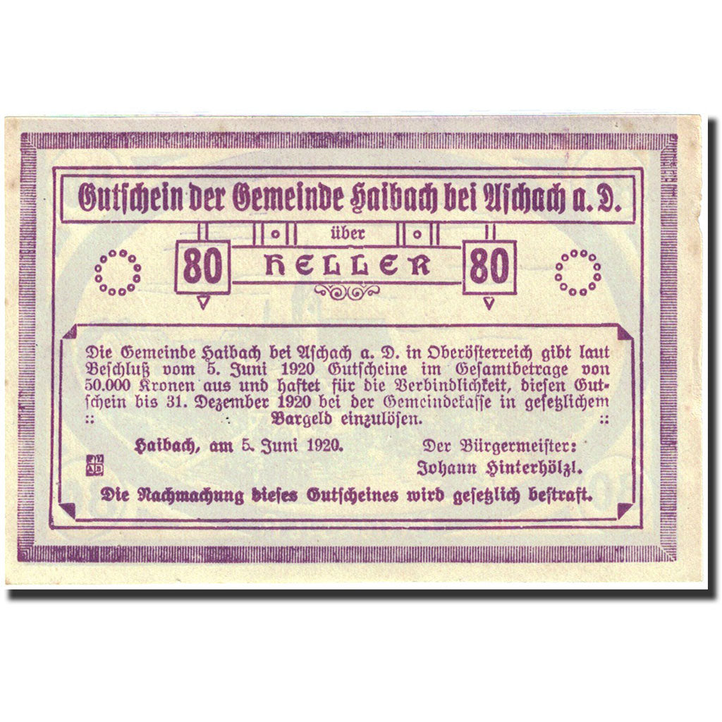 Geldschein, Österreich, Aschach, 80 Heller, village, 1920, 1920-12-31, VZ+